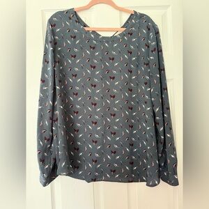 LOFT Slate Blue Floral Print Blouse with Pink & Burgundy Accents